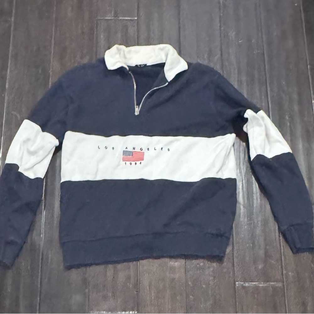 Los Angeles 1984 Navy and White Quarter-Zip Pullover Sweater- Brandy Melville